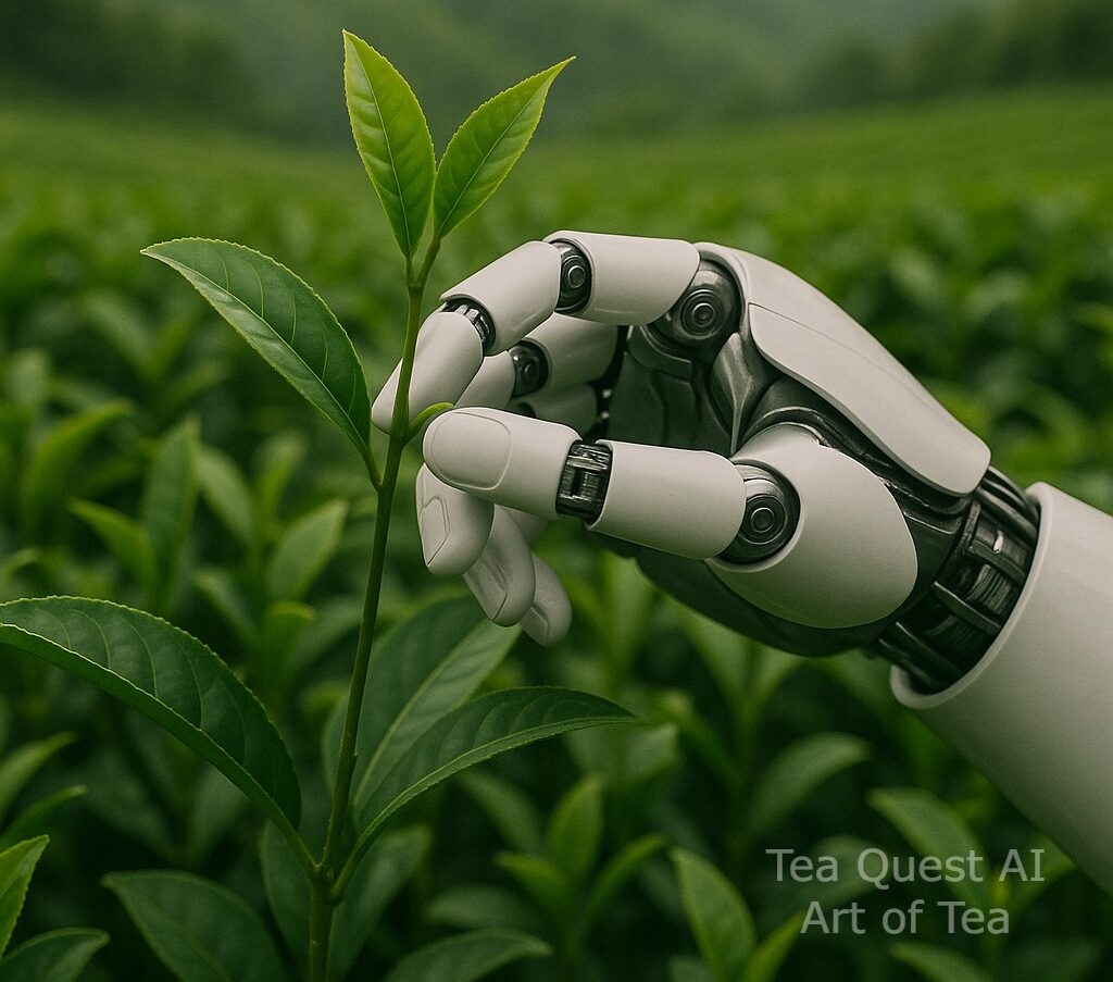 AI Art of Tea image showing a robotic hand interacting with green tea leaves, symbolizing technology and nature together.
