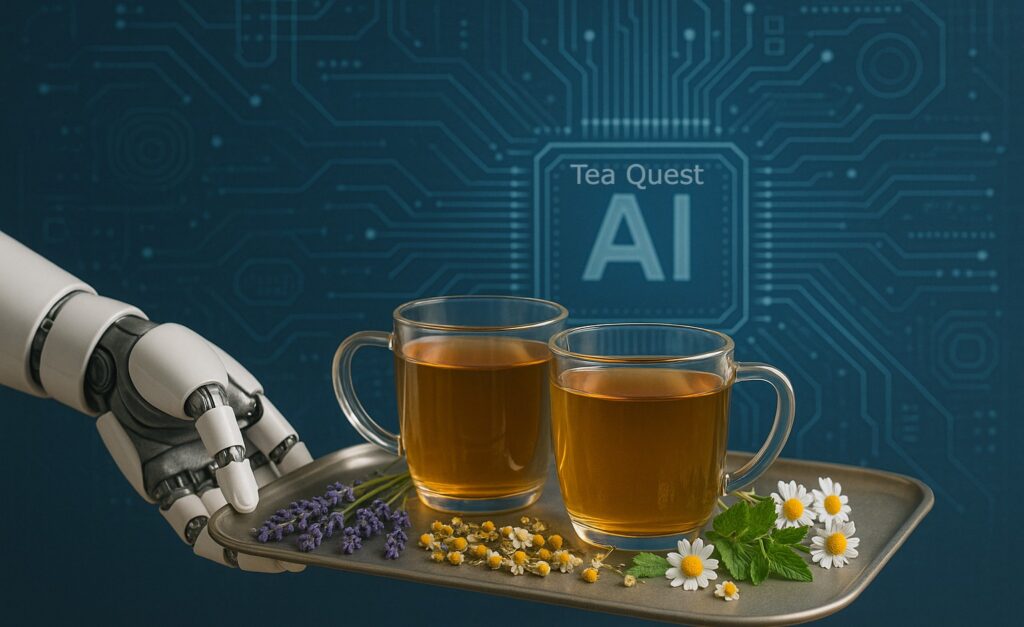 Robotic hand serving tea with herbs and an AI blueprint behind, showing the AI Tea Artisan teaching tea blending with intelligent guidance.